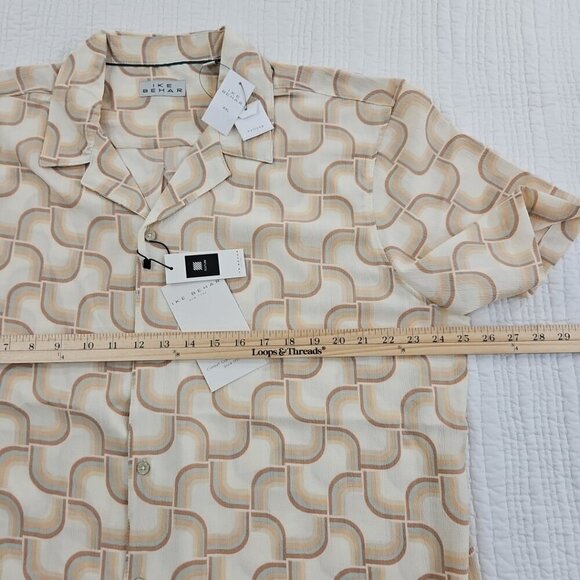 Ike Behar Crepe Shirt Men's XL Ecru and Blue Mod Short Sleeve Button Up NWT - Picture 10 of 15
